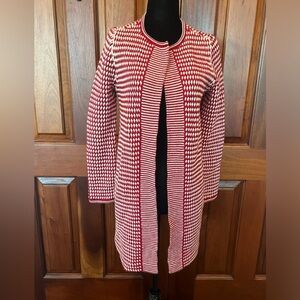 Talbots 100% Merino Wool Open Front Long Cardigan Sweater Coat Sz XS Red White